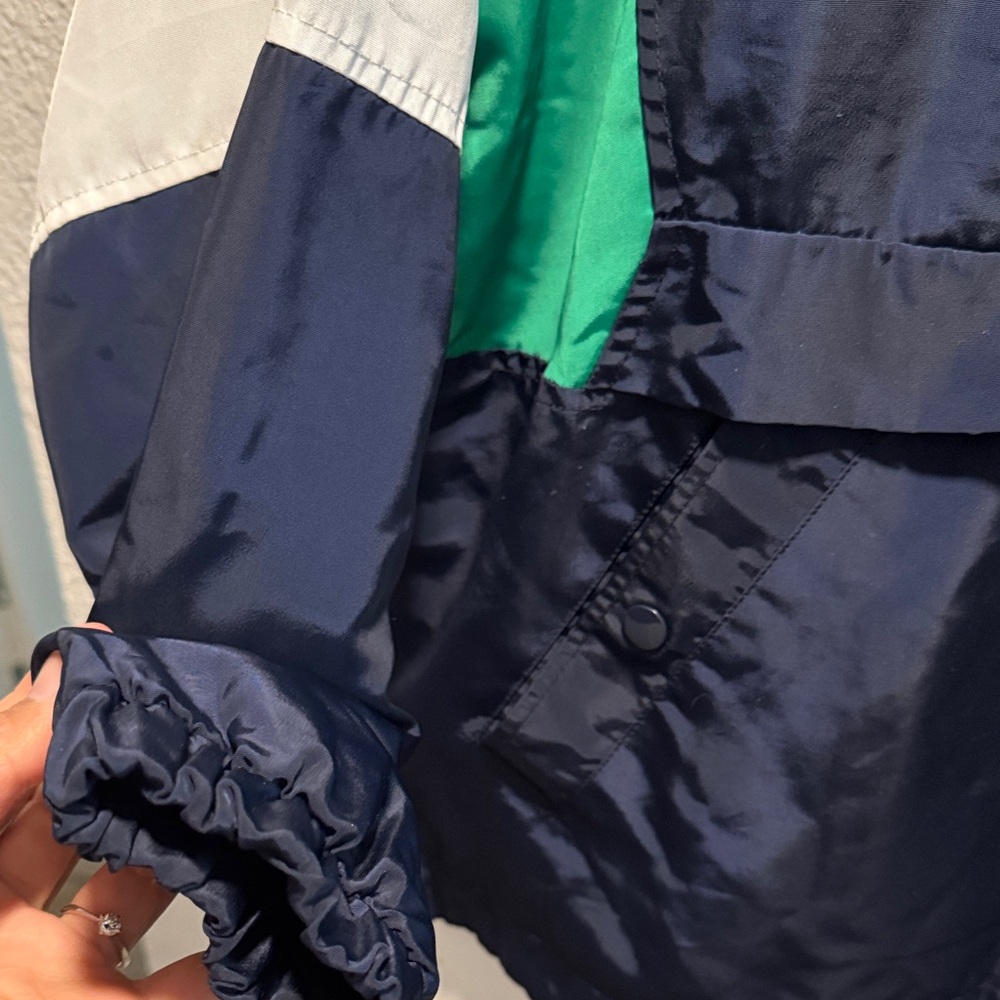 Forever 21 Navy Hoodie with Green & White Accents Rain Jacket - Picture 4 of 5